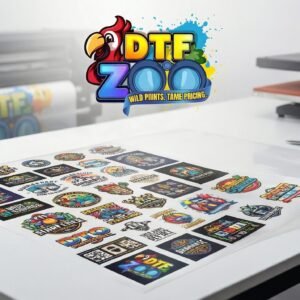 DTF gang sheet with multiple custom transfers on a worktable beside heat press machine in print shop