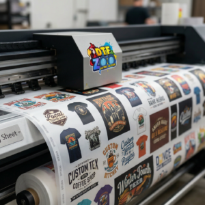 Rolling gang sheet DTF transfers printing on wide format printer showing multiple custom designs for bulk DTF printing